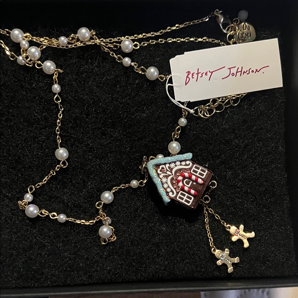 Betsey Johnson Gold and Red Gingerbread House Long Necklace 28 inches Christmas